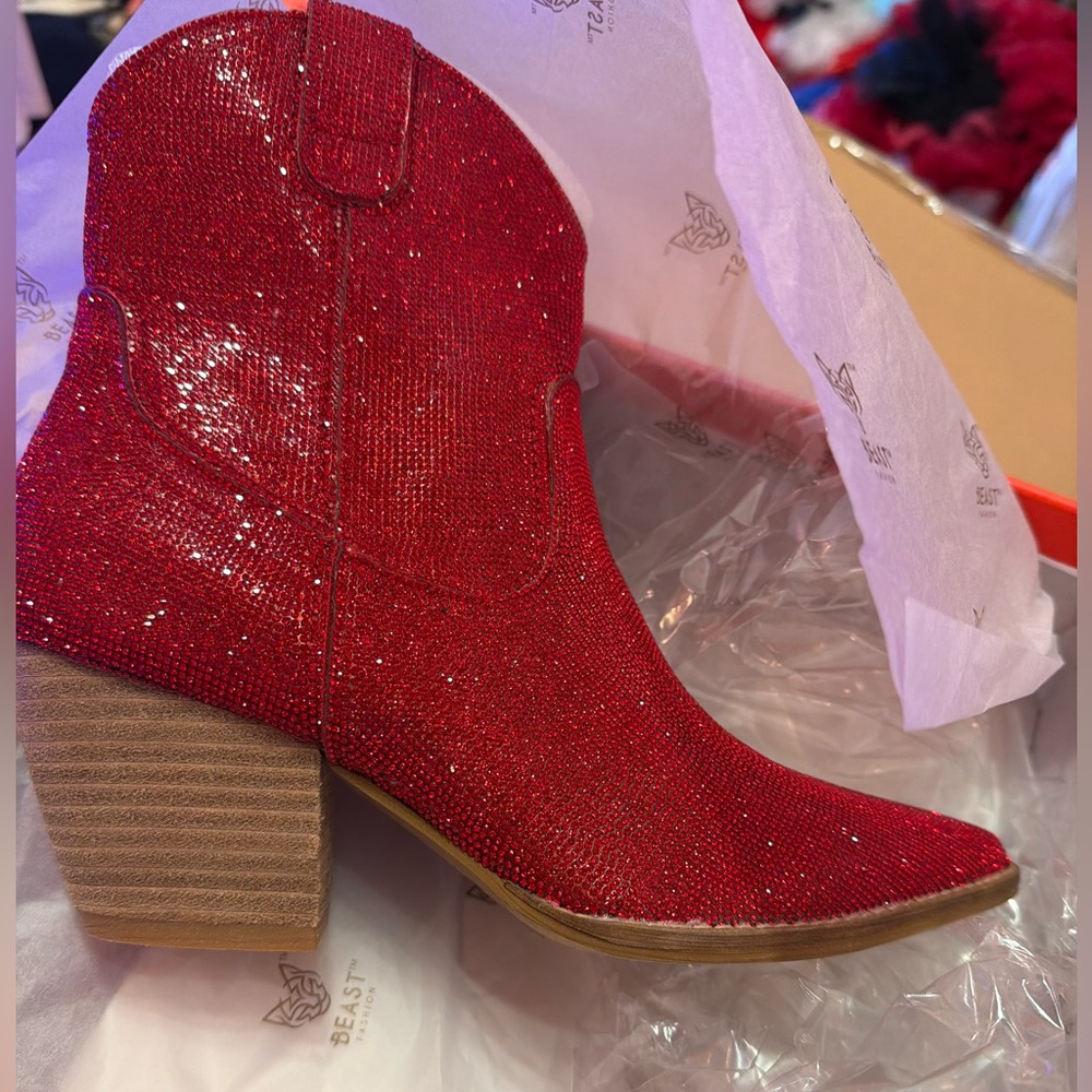 BEAST Red Rhinestone Western Sparkly Cowgirl Festival Holiday Party Boot - Picture 2 of 5